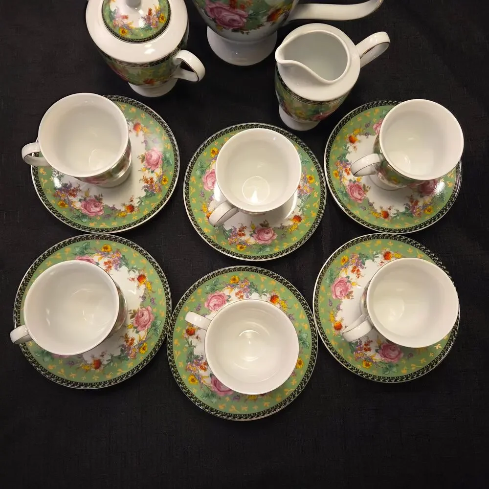 Royal Scotland Pink Rose on Green background Tea Set